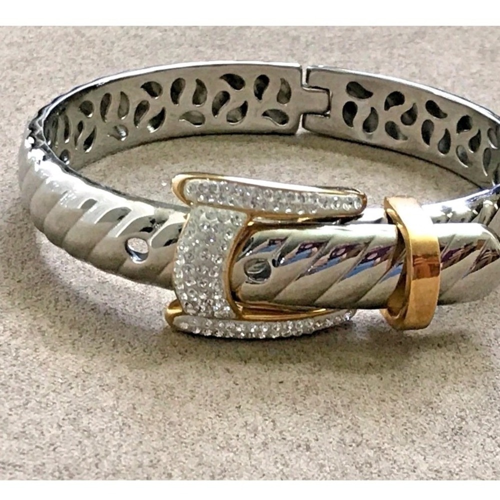 Two-Tone Buckle Pave Crystal Rhodium-Plated Bracelet Adjustable Clasp